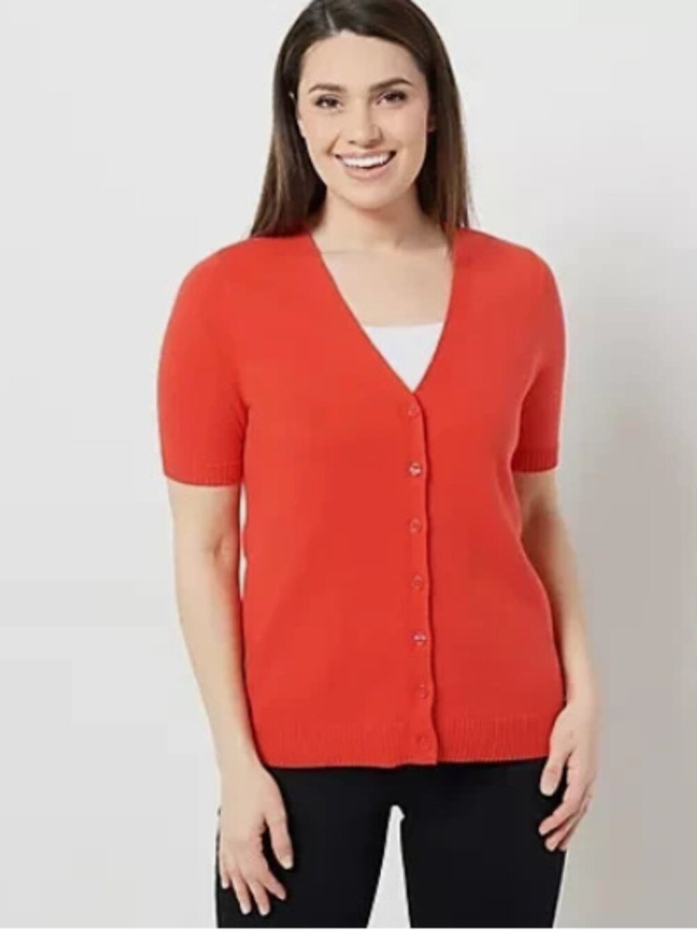 Isaac Mizrahi Front Short Sleeve V-Neck Cardigan-Poppy Red- Small A471738 NEW